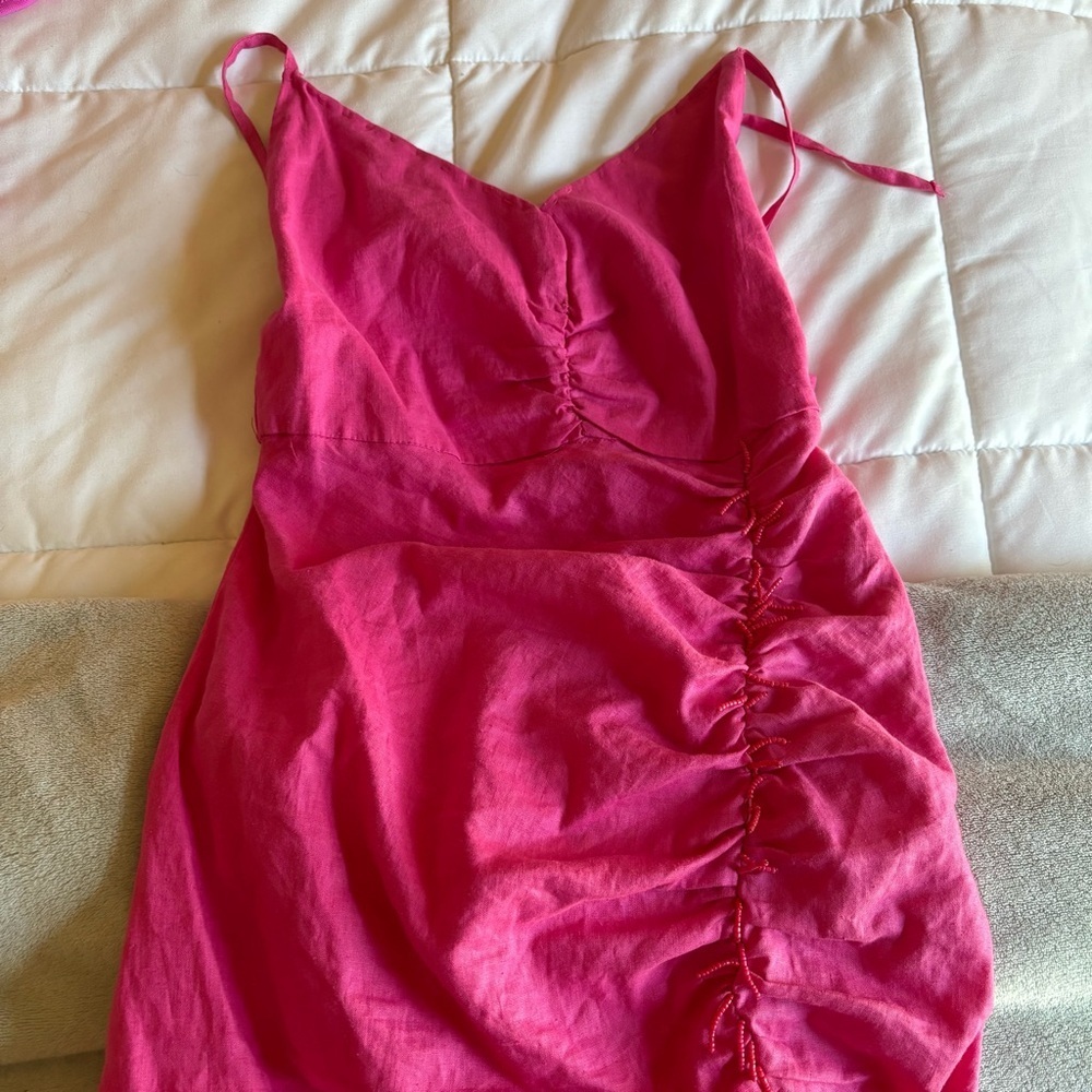 Zara Pink Draped Beaded Linen Blend Dress - Picture 3 of 10